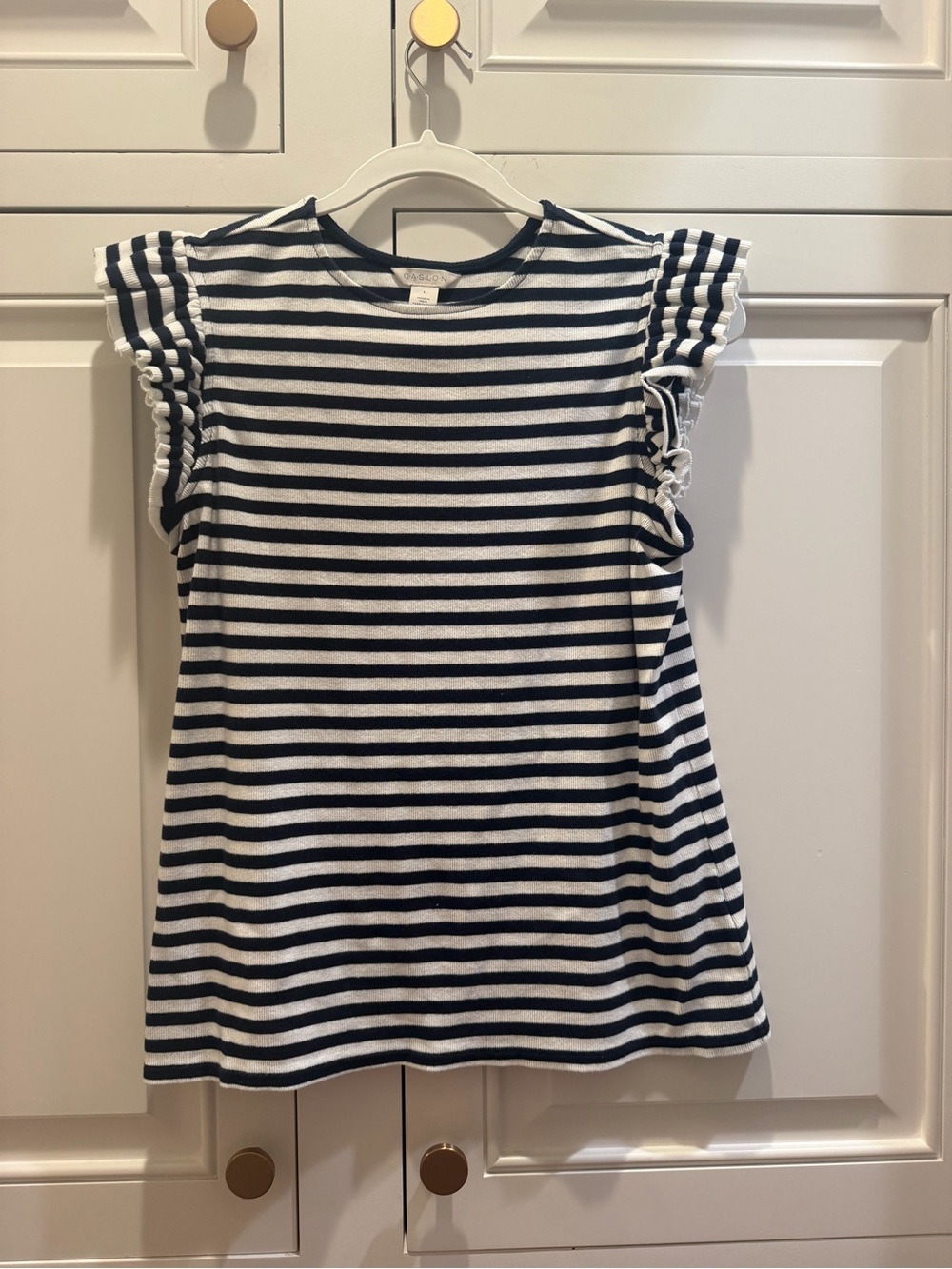 Navy and White Striped Ruffle Sleeve Top- Women size L